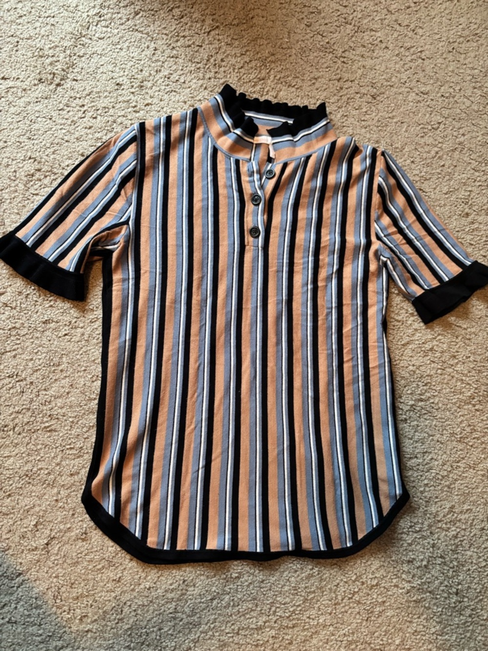 See By Chloe Short-Sleeve Striped Henley in Tan, Black, White, and Blue